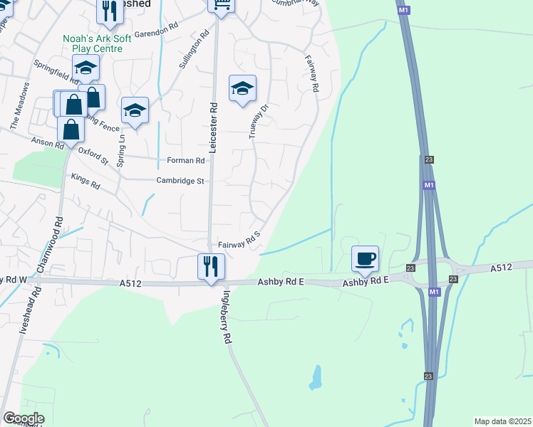 map of restaurants, bars, coffee shops, grocery stores, and more near Fairway Road South in Shepshed