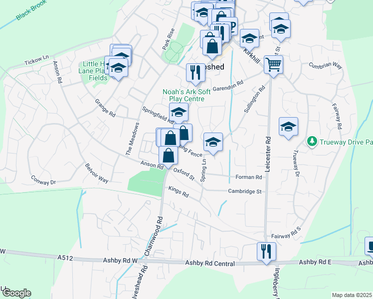 map of restaurants, bars, coffee shops, grocery stores, and more near Ring Fence in Shepshed