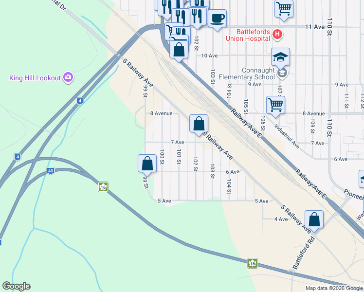 map of restaurants, bars, coffee shops, grocery stores, and more near 692 101 Street in North Battleford