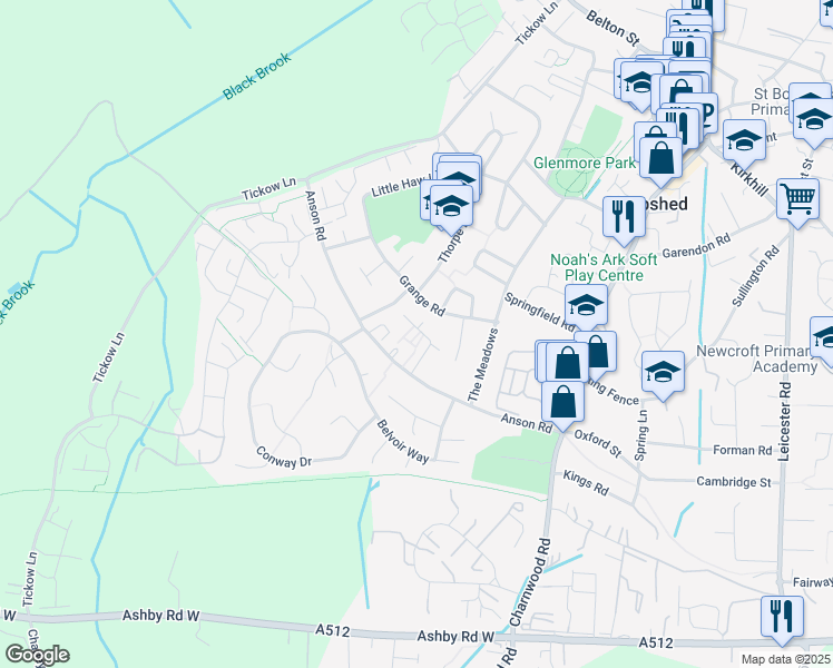 map of restaurants, bars, coffee shops, grocery stores, and more near Griffin Close in Shepshed