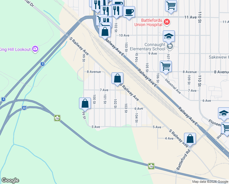 map of restaurants, bars, coffee shops, grocery stores, and more near 692 101 Street in North Battleford