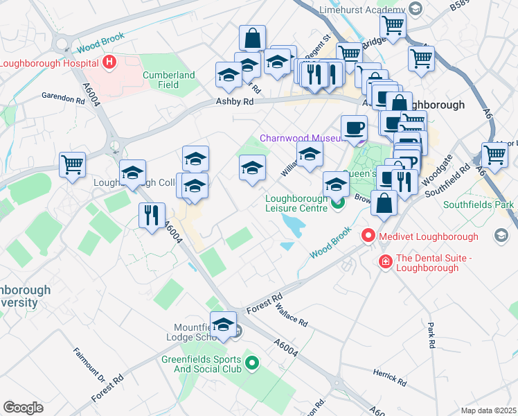 map of restaurants, bars, coffee shops, grocery stores, and more near 74 William Street in Leicestershire