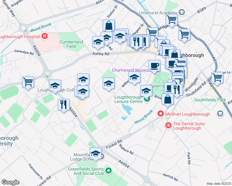 map of restaurants, bars, coffee shops, grocery stores, and more near 74 William St in Loughborough