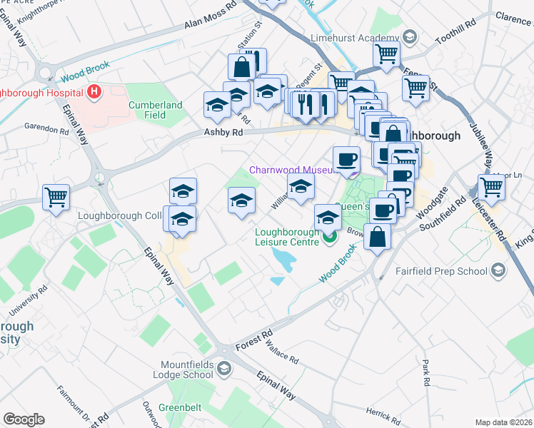 map of restaurants, bars, coffee shops, grocery stores, and more near William Street in Leicestershire