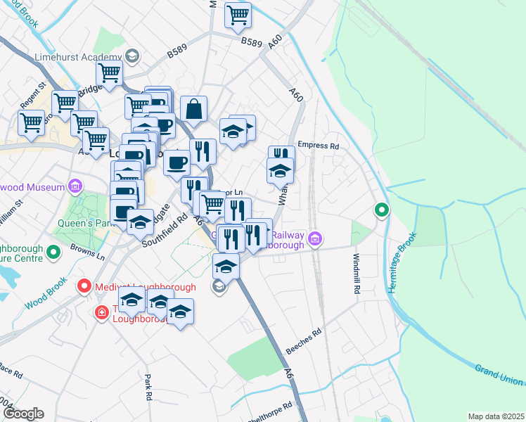map of restaurants, bars, coffee shops, grocery stores, and more near Limetree Grove in Leicestershire