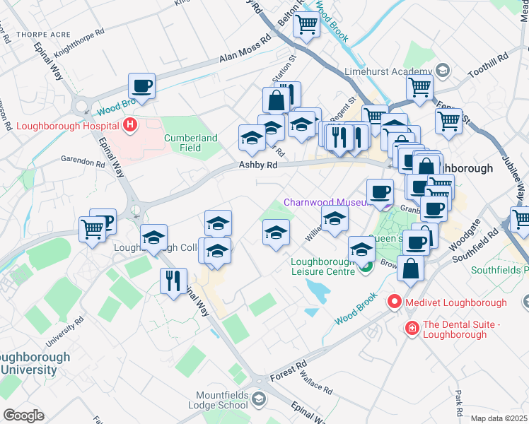 map of restaurants, bars, coffee shops, grocery stores, and more near Radmoor Road in Leicestershire