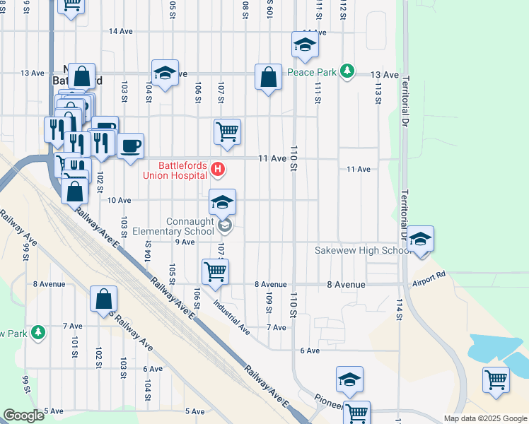map of restaurants, bars, coffee shops, grocery stores, and more near 971 109 Street in North Battleford