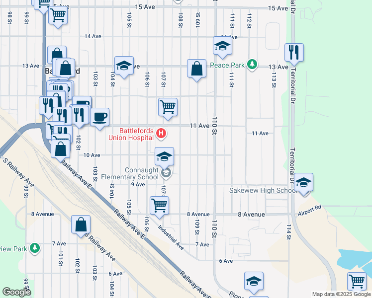 map of restaurants, bars, coffee shops, grocery stores, and more near 971 109 Street in North Battleford