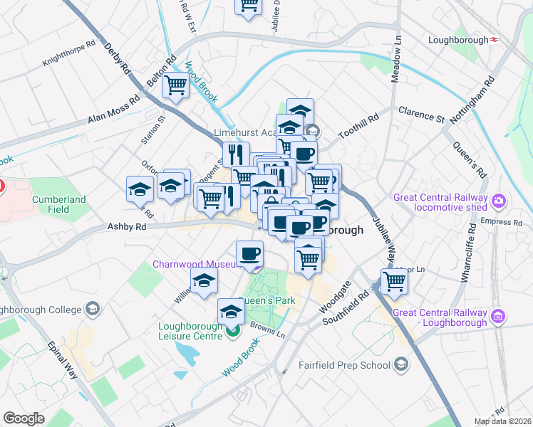 map of restaurants, bars, coffee shops, grocery stores, and more near Greenclose Lane in Leicestershire