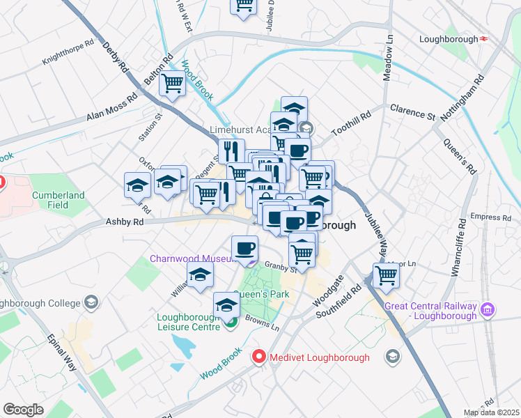 map of restaurants, bars, coffee shops, grocery stores, and more near Greenclose Lane in Leicestershire