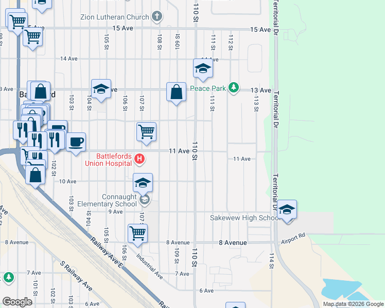 map of restaurants, bars, coffee shops, grocery stores, and more near 1071 110 Street in North Battleford