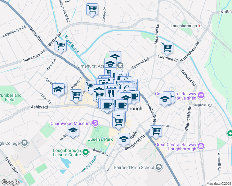 map of restaurants, bars, coffee shops, grocery stores, and more near Shakespeare Street in Leicestershire