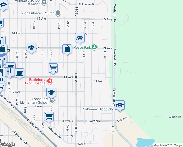 map of restaurants, bars, coffee shops, grocery stores, and more near 112 Street in North Battleford