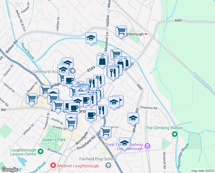 map of restaurants, bars, coffee shops, grocery stores, and more near City Heights in Leicestershire