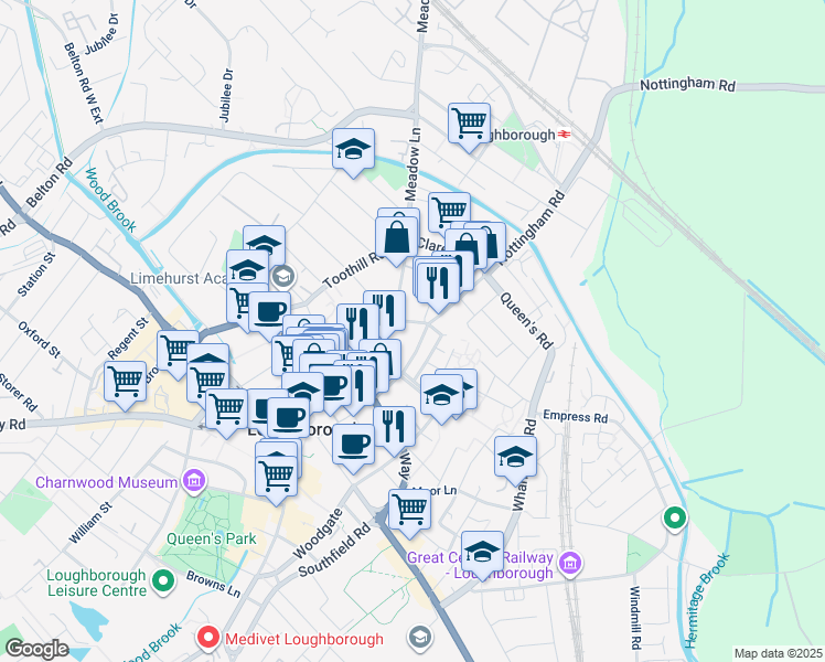 map of restaurants, bars, coffee shops, grocery stores, and more near City Heights in Leicestershire