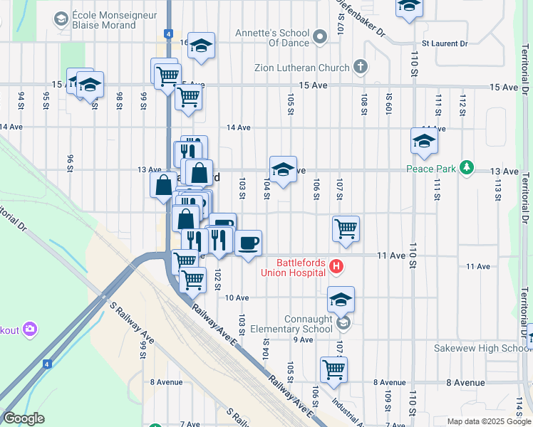 map of restaurants, bars, coffee shops, grocery stores, and more near 104 Street in North Battleford