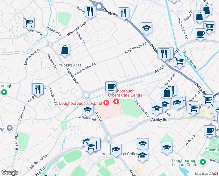 map of restaurants, bars, coffee shops, grocery stores, and more near Alan Moss Road in Leicestershire