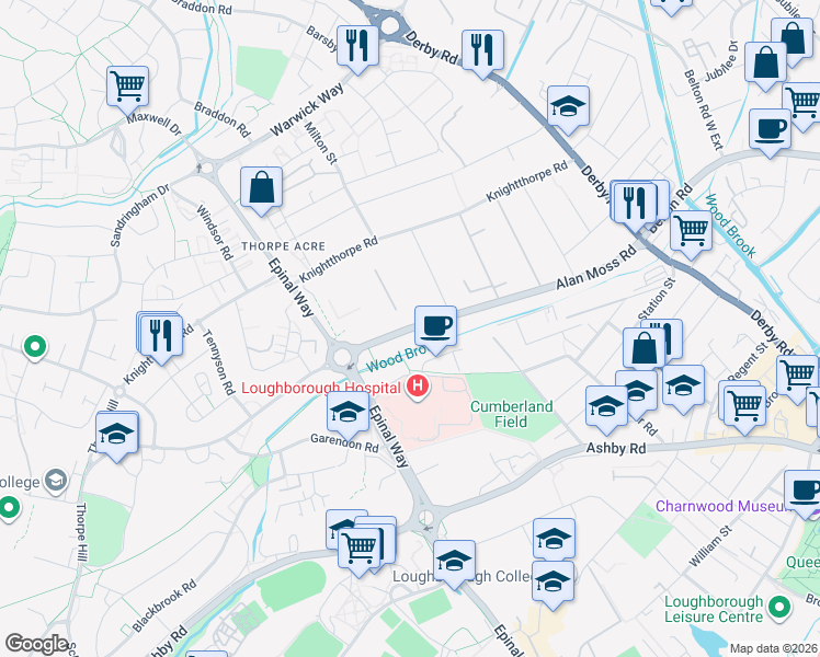 map of restaurants, bars, coffee shops, grocery stores, and more near Alan Moss Road in Leicestershire