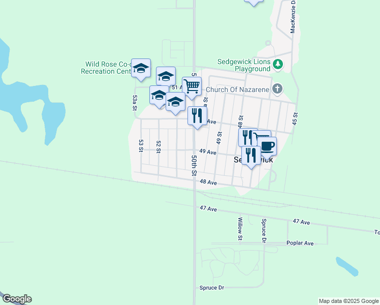 map of restaurants, bars, coffee shops, grocery stores, and more near 4933 50th Street in Sedgewick