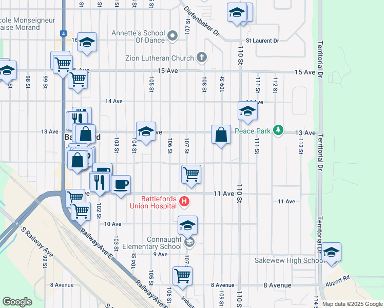 map of restaurants, bars, coffee shops, grocery stores, and more near 1261 108 Street in North Battleford