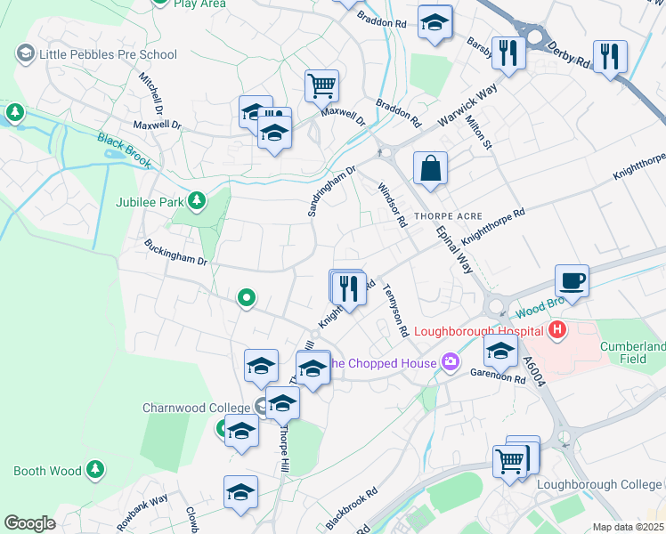 map of restaurants, bars, coffee shops, grocery stores, and more near Thorpe Acre Road in Leicestershire