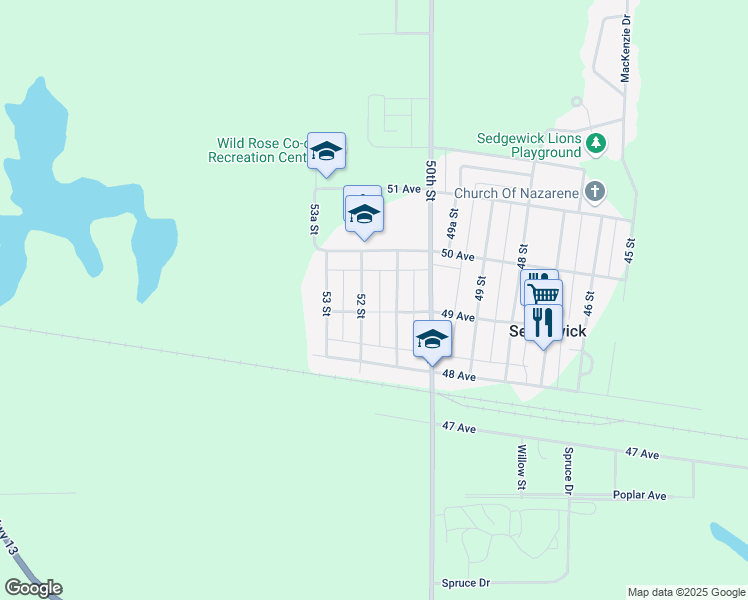 map of restaurants, bars, coffee shops, grocery stores, and more near 4925 51 Street in Sedgewick