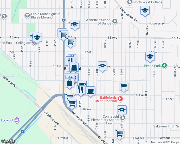 map of restaurants, bars, coffee shops, grocery stores, and more near 1251 103 Street in North Battleford