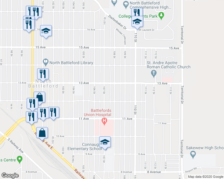 map of restaurants, bars, coffee shops, grocery stores, and more near 1261 108 Street in North Battleford