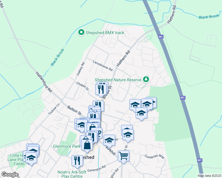 map of restaurants, bars, coffee shops, grocery stores, and more near Watts Drive in Shepshed
