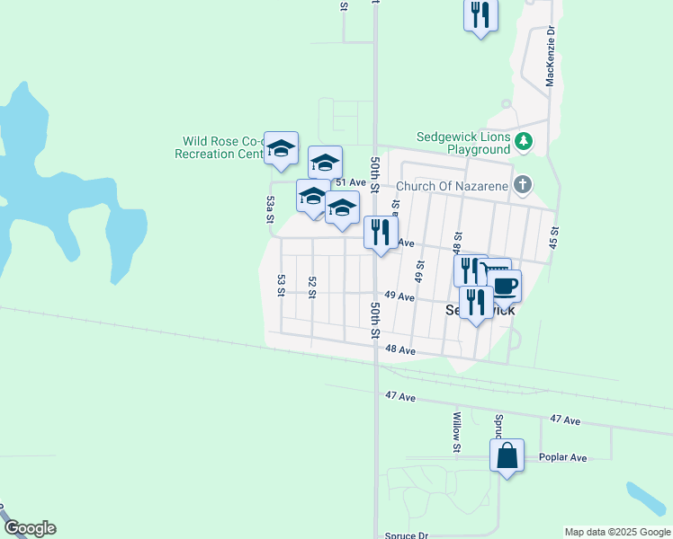 map of restaurants, bars, coffee shops, grocery stores, and more near 4925 51 Street in Sedgewick