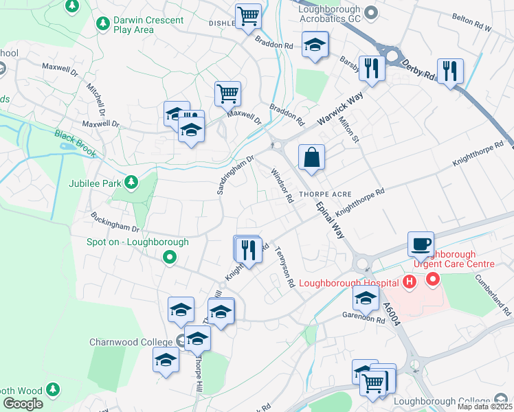 map of restaurants, bars, coffee shops, grocery stores, and more near Thorpe Acre Road in Leicestershire