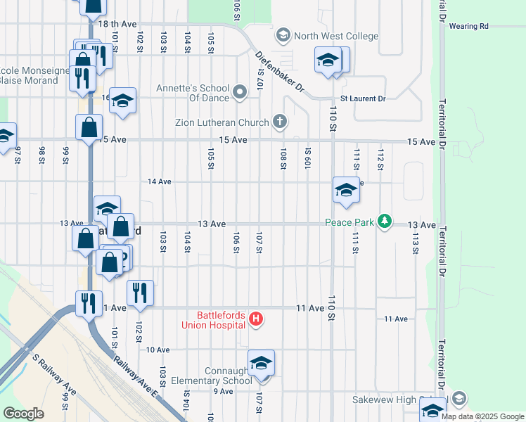 map of restaurants, bars, coffee shops, grocery stores, and more near 1362 107 Street in North Battleford