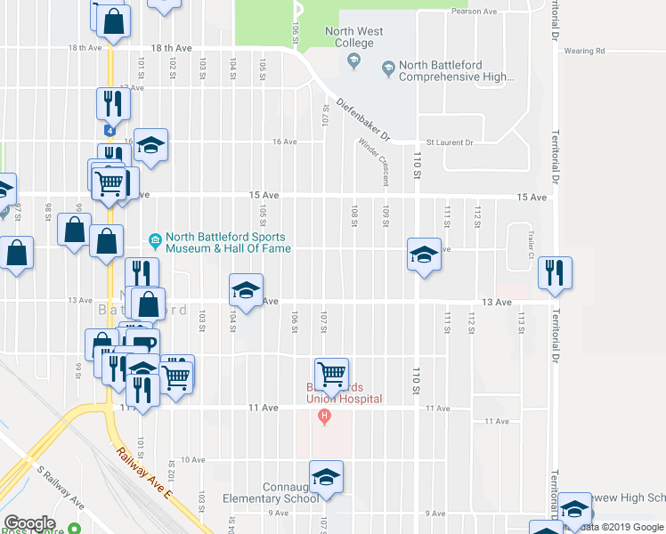 map of restaurants, bars, coffee shops, grocery stores, and more near 1362 107 Street in North Battleford