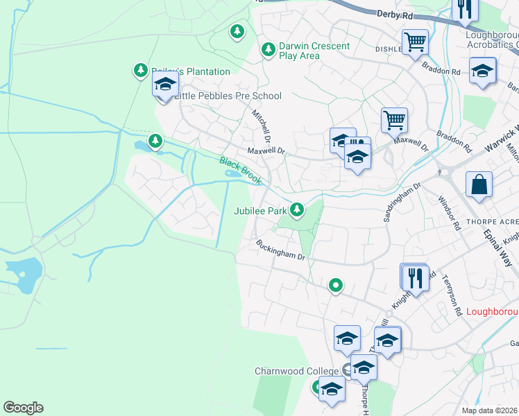 map of restaurants, bars, coffee shops, grocery stores, and more near Buckingham Drive in Leicestershire
