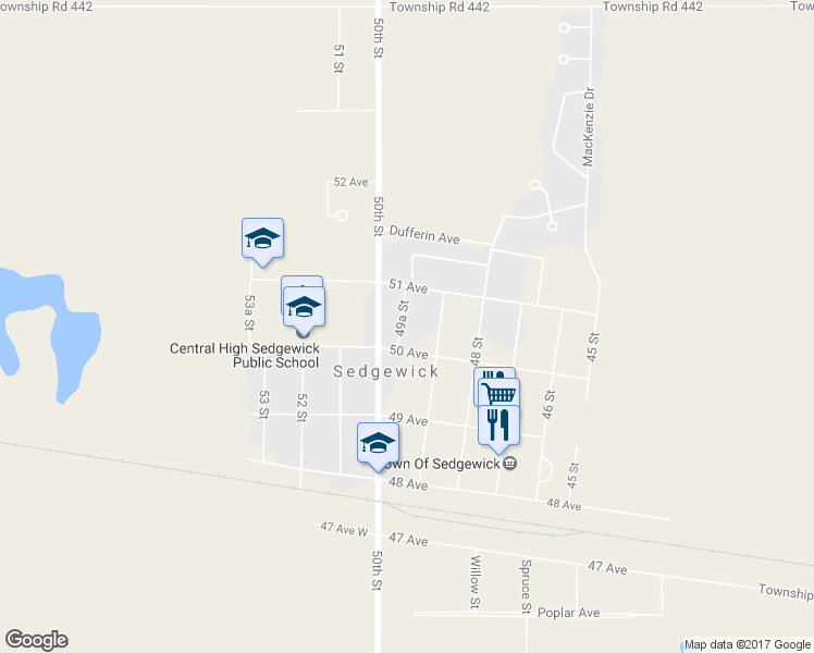 map of restaurants, bars, coffee shops, grocery stores, and more near 5014 49A Street in Sedgewick