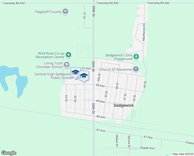map of restaurants, bars, coffee shops, grocery stores, and more near 5014 49A Street in Sedgewick