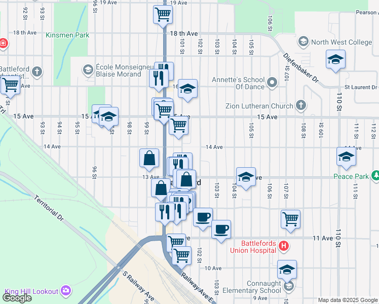 map of restaurants, bars, coffee shops, grocery stores, and more near 1392 101 Street in North Battleford