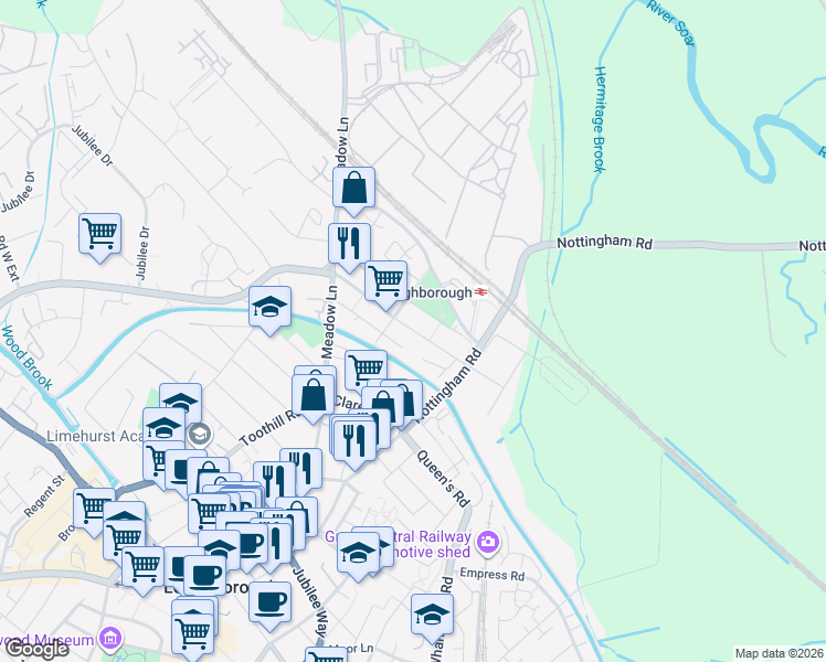 map of restaurants, bars, coffee shops, grocery stores, and more near Ratcliffe Road in Leicester