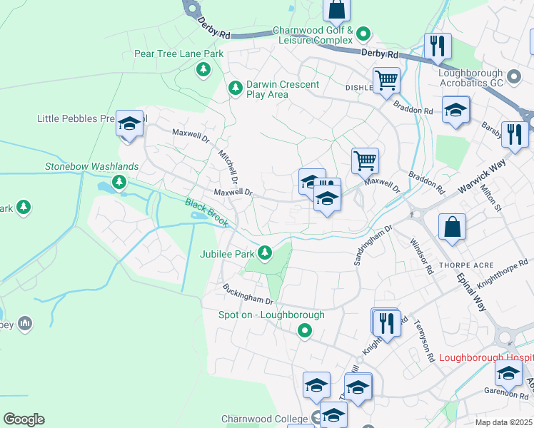 map of restaurants, bars, coffee shops, grocery stores, and more near Hailey Avenue in Leicestershire