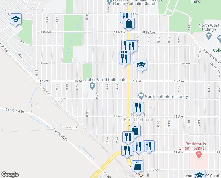 map of restaurants, bars, coffee shops, grocery stores, and more near 1452 98 Street in North Battleford