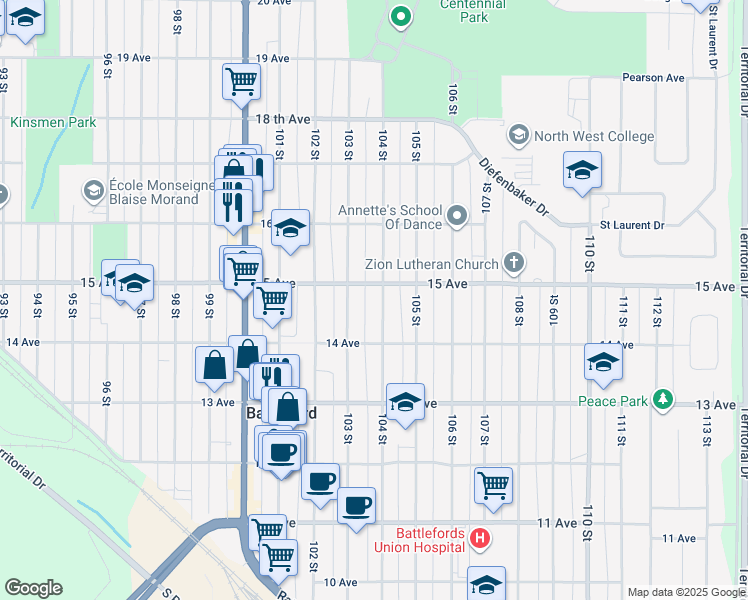 map of restaurants, bars, coffee shops, grocery stores, and more near 1471 104 Street in North Battleford
