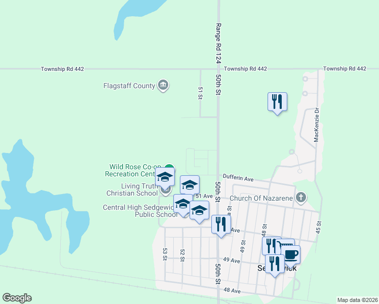 map of restaurants, bars, coffee shops, grocery stores, and more near 1 Bluejay Crescent in Sedgewick