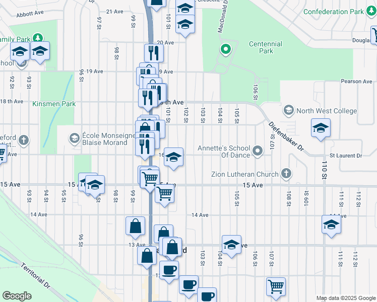 map of restaurants, bars, coffee shops, grocery stores, and more near 1602 102 Street in North Battleford