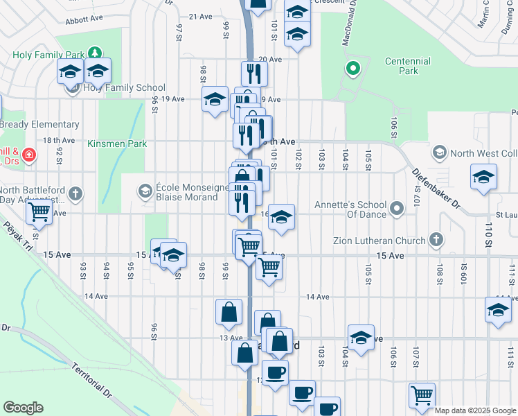 map of restaurants, bars, coffee shops, grocery stores, and more near 1602 100 Street in North Battleford