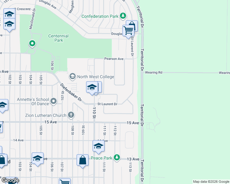 map of restaurants, bars, coffee shops, grocery stores, and more near 1721 Thompson Crescent in North Battleford