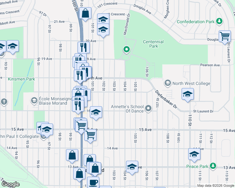 map of restaurants, bars, coffee shops, grocery stores, and more near in North Battleford