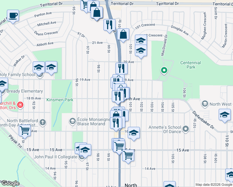 map of restaurants, bars, coffee shops, grocery stores, and more near 1821 100 Street in North Battleford