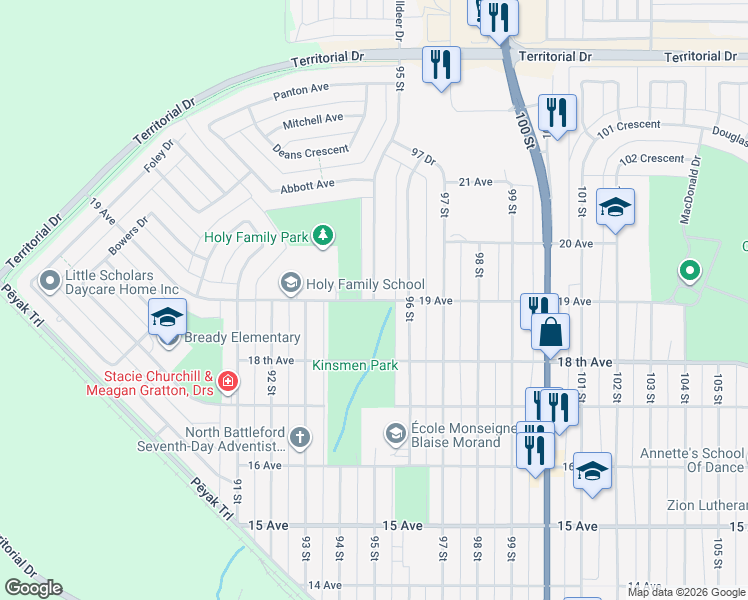 map of restaurants, bars, coffee shops, grocery stores, and more near 95 Street in North Battleford