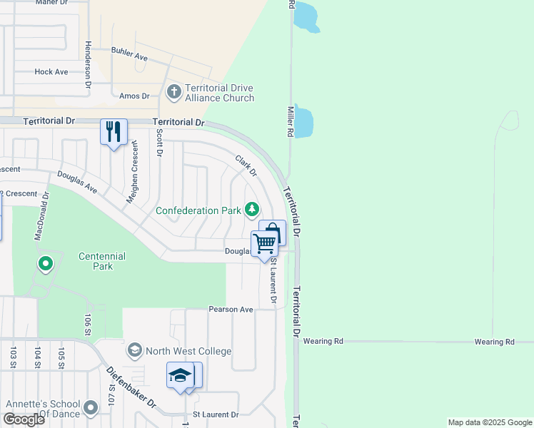 map of restaurants, bars, coffee shops, grocery stores, and more near 11317 Clark Drive in North Battleford