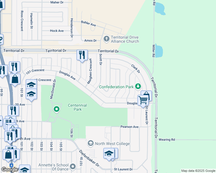 map of restaurants, bars, coffee shops, grocery stores, and more near 11021 Martin Crescent in North Battleford